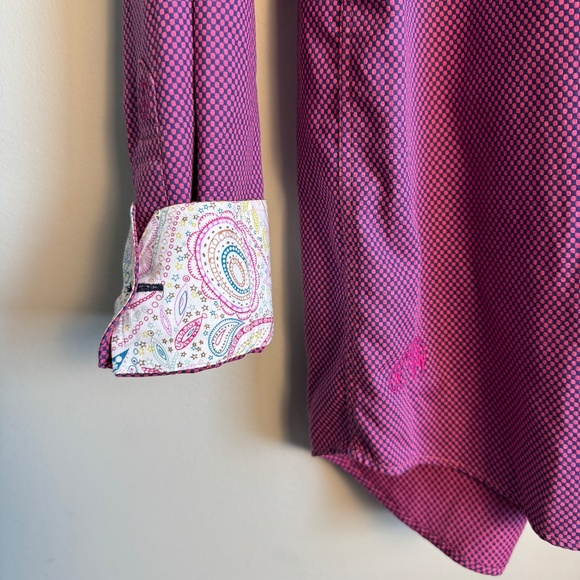 John Lennon Mens Geometric Casual Dress Shirt Fuchsia‎ Small Flip Cuffs Preppy - Picture 11 of 16